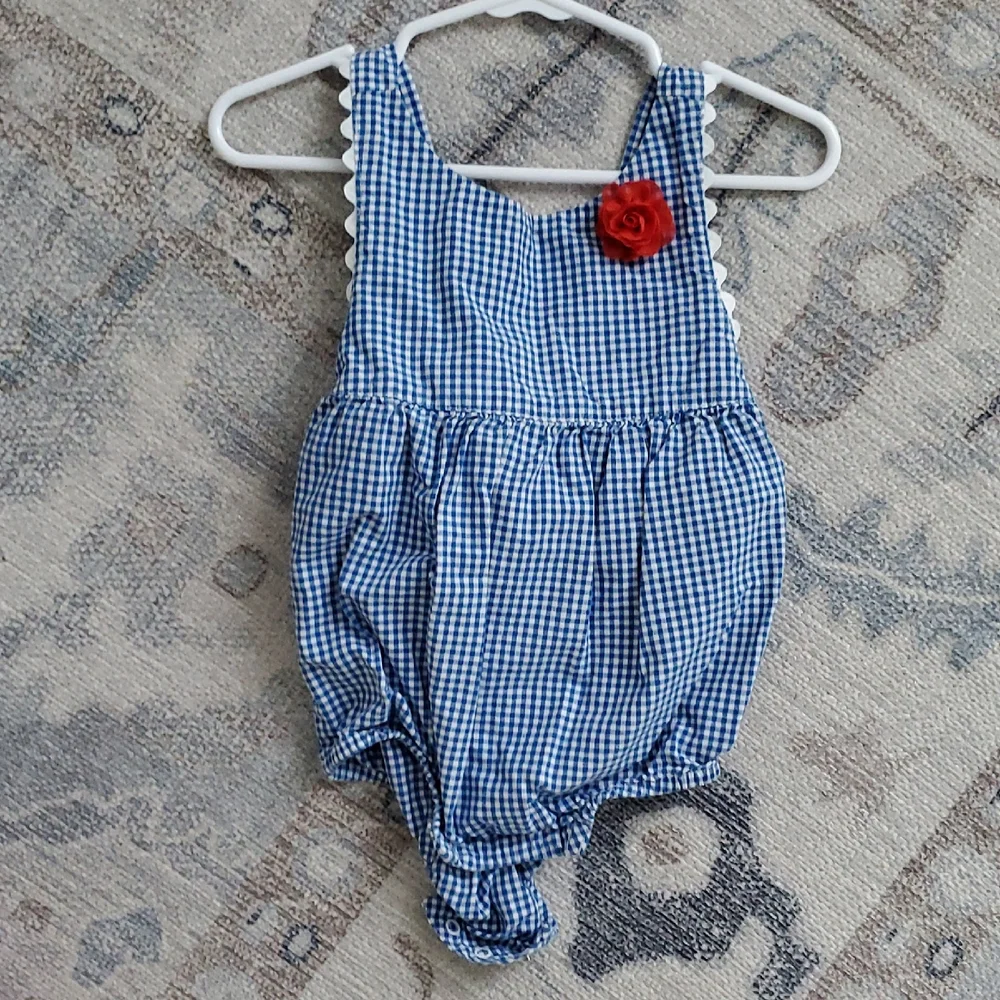 Gymboree Baby Girls Blue White Ginham Ric Rac Flower Sunsuit Romper Sz12-18m